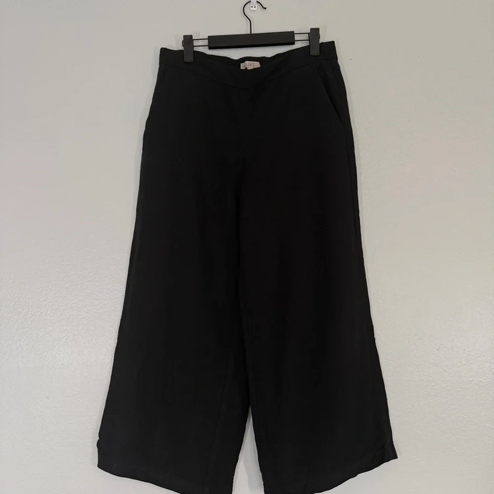 LOFT  Black Linen Blend Mid Rise Wide Leg Pull On Pants Women S - Picture 2 of 7